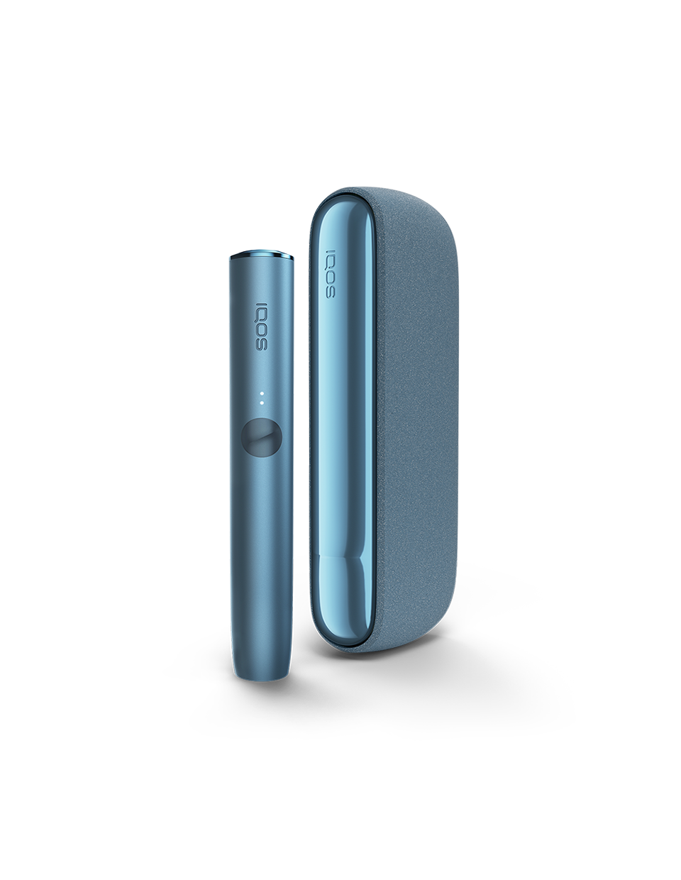 A azure blue IQOS ILUMA device and holder