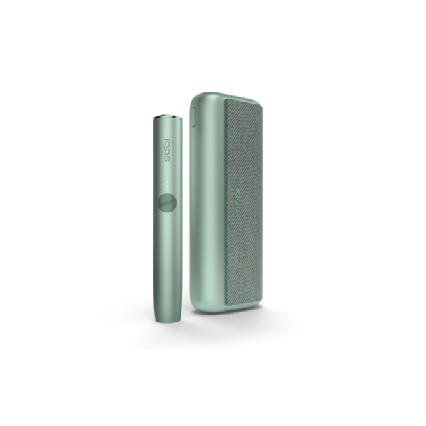 A jade green IQOS ILUMA PRIME device and holder.