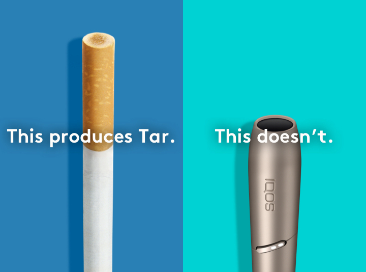 Cigarette filter with brown combustion stains compared to IQOS HEETS stick in IQOS 3 DUO holder with no equivalent stain