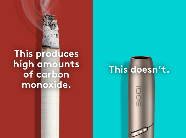 Lit cigarette end compared to IQOS HEETS stick in IQOS 3 DUO holder.